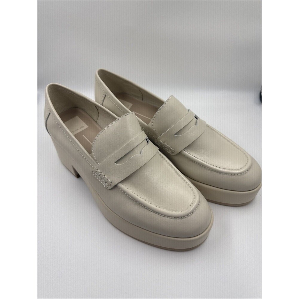 Dolce Vita Women 9.5 Cream Leather Platform Penny Loafers Chunky Block Heel Shoe